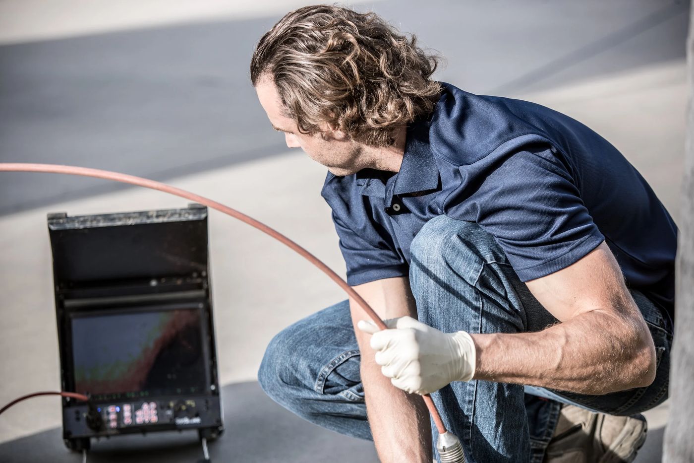 Technician running a sewer camera inspection